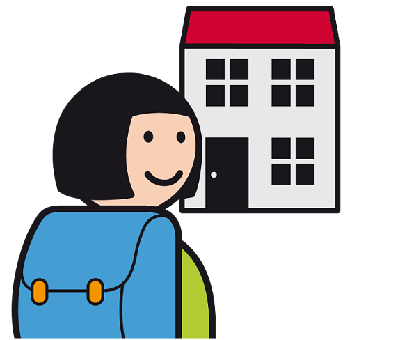 Ein Schulkind vor einem Schulgebäude